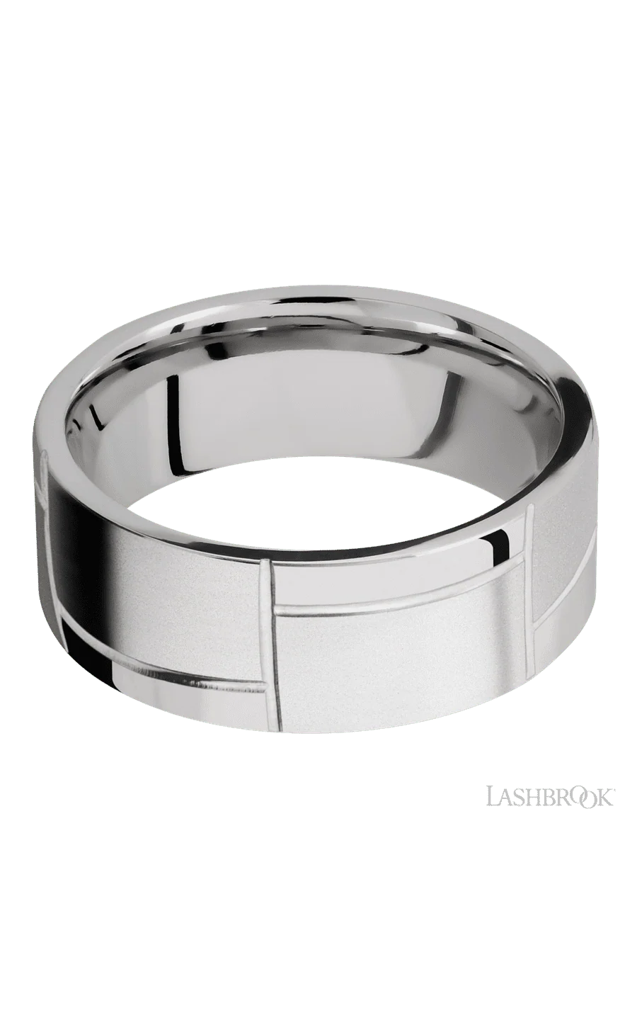 8 mm wide/Flat/14K White Gold band with a machined 3GOCHR pattern. - Image 3