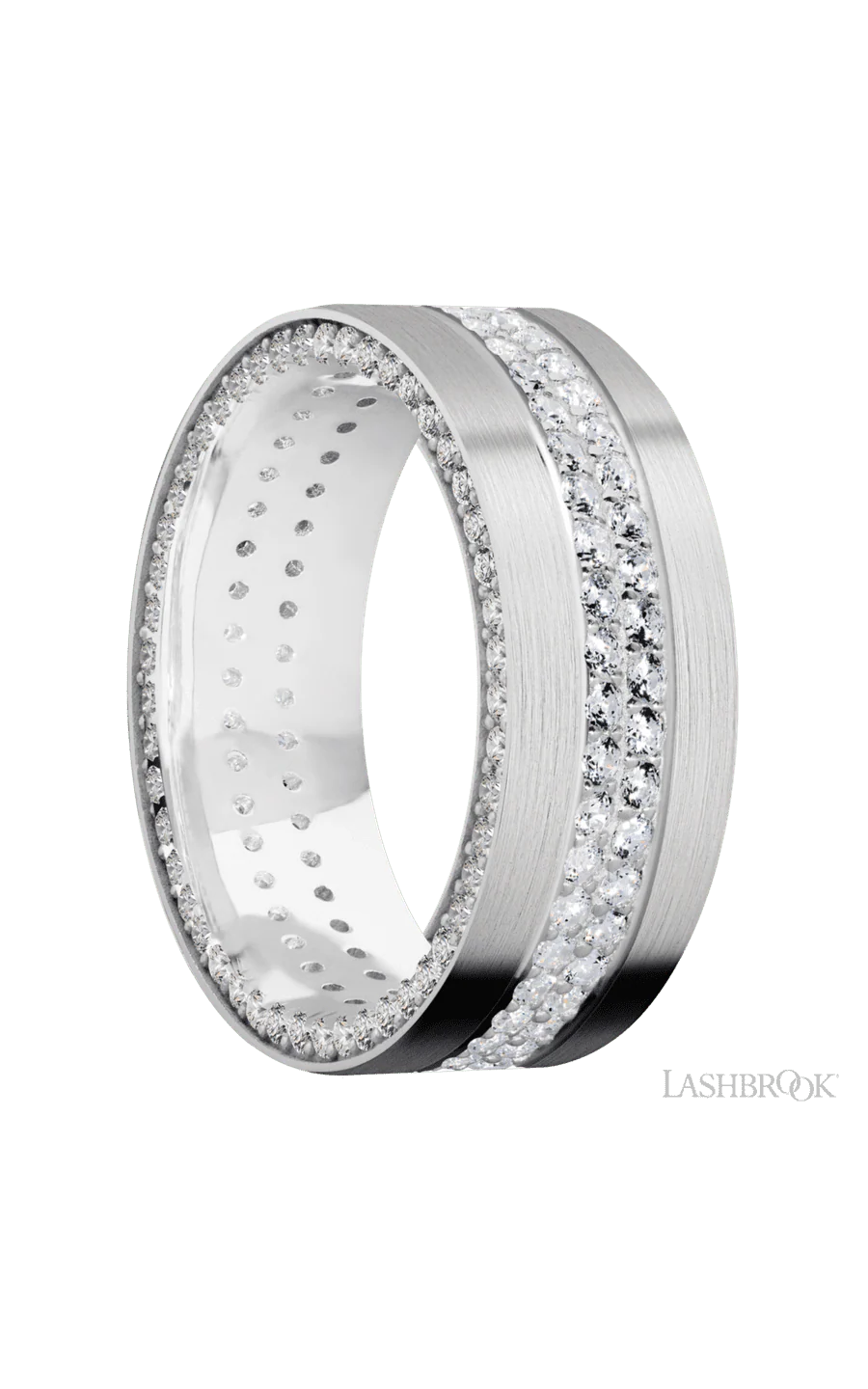 8 mm wide/Flat/14K White Gold band with a Side Eternity arrangement of .01 carat Round Diamond stones in a Bead Channel setting and featuring a a 2 Row Eternity arrangement of .015 carat Round Diamond stones in a Bead Channel setting - Image 2
