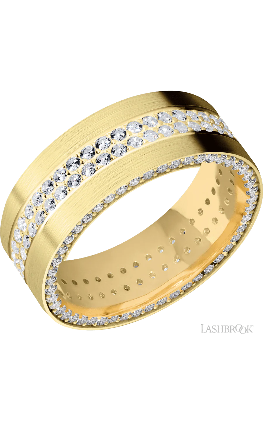 8 mm wide/Flat/14K Yellow Gold band with a Side Eternity arrangement of .01 carat Round Diamond stones in a Bead Channel setting and featuring a a 2 Row Eternity arrangement of .015 carat Round Diamond stones in a Bead Channel setting