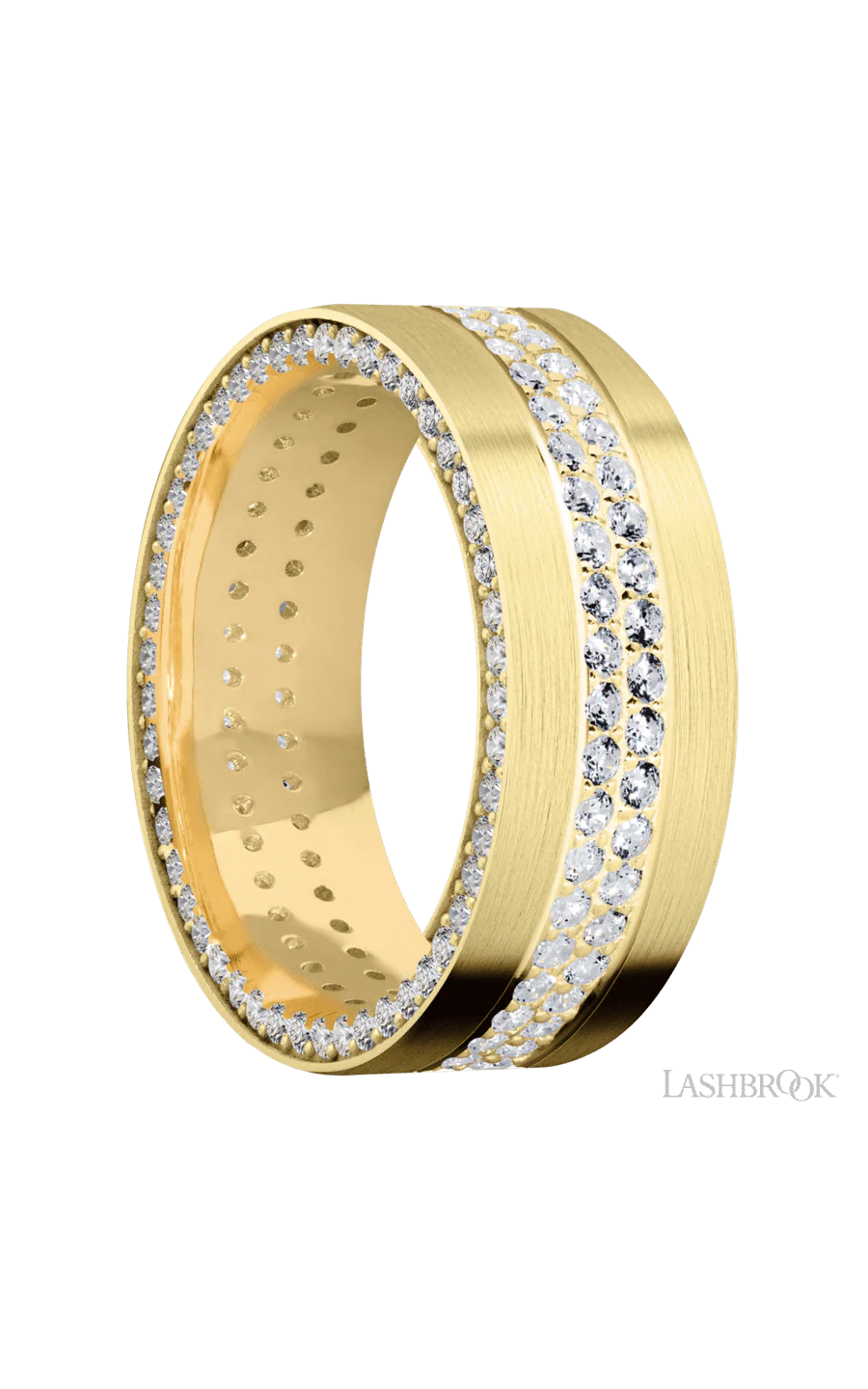 8 mm wide/Flat/14K Yellow Gold band with a Side Eternity arrangement of .01 carat Round Diamond stones in a Bead Channel setting and featuring a a 2 Row Eternity arrangement of .015 carat Round Diamond stones in a Bead Channel setting - Image 2