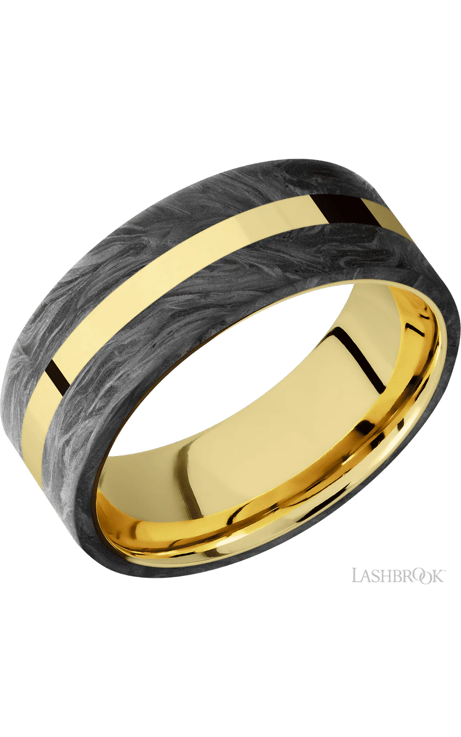 8 mm wide/Flat/14K Yellow Gold band with two 3 mm Double Off Center Edge inlays of Forged Carbon Fiber.