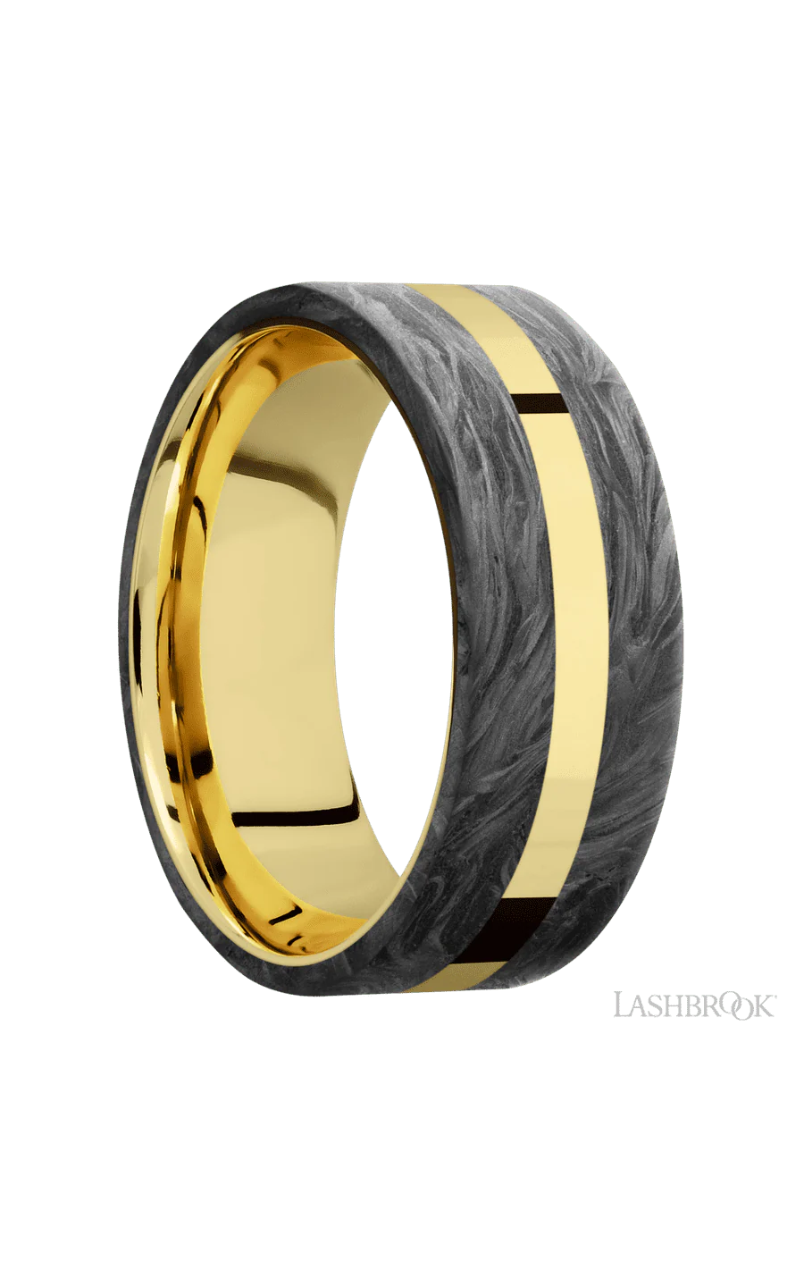 8 mm wide/Flat/14K Yellow Gold band with two 3 mm Double Off Center Edge inlays of Forged Carbon Fiber. - Image 2