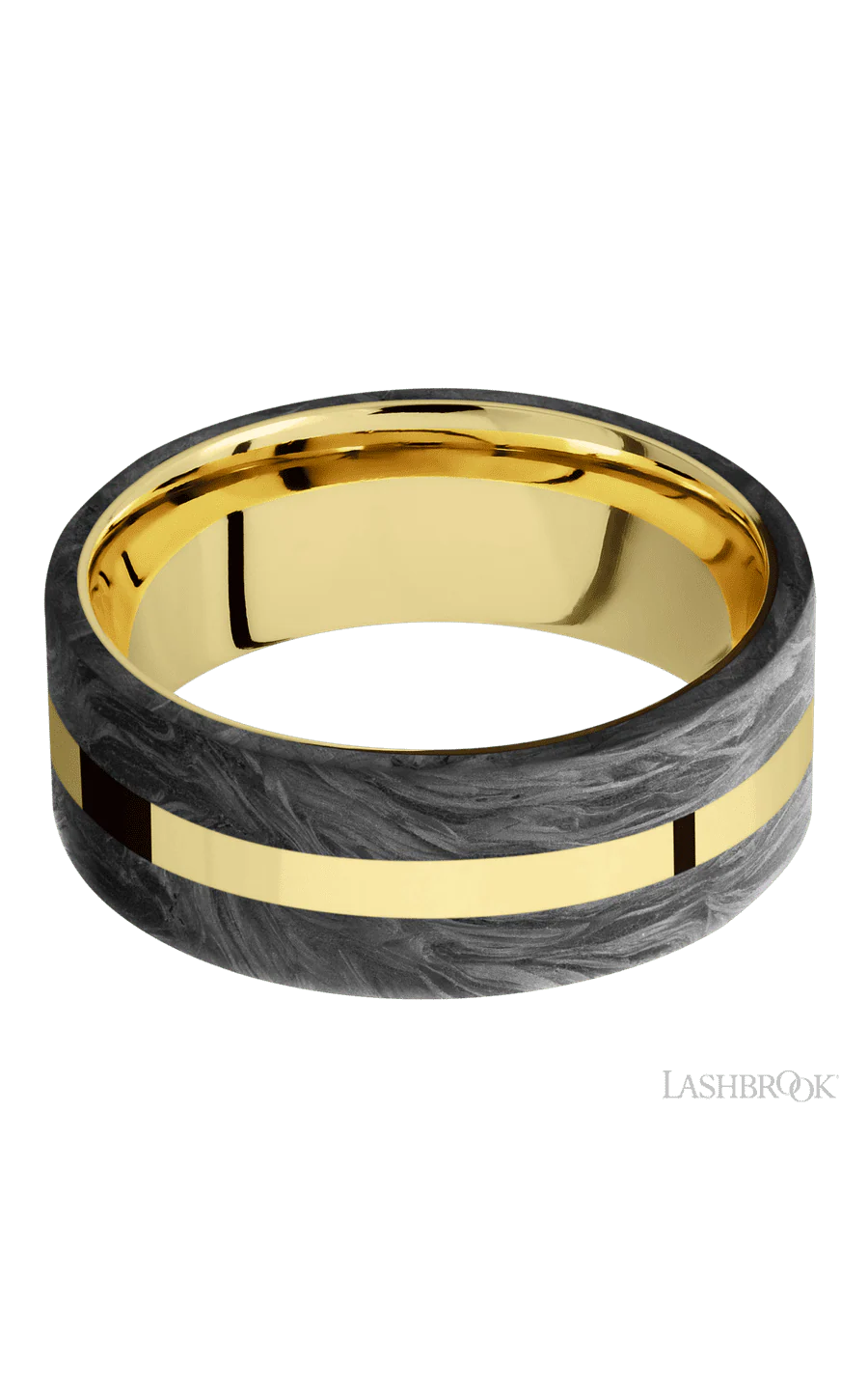 8 mm wide/Flat/14K Yellow Gold band with two 3 mm Double Off Center Edge inlays of Forged Carbon Fiber. - Image 3