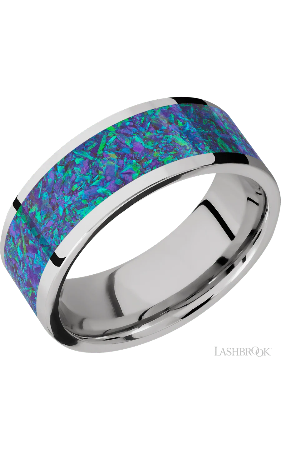 8 mm wide/Flat/Cobalt Chrome band with one 6 mm Centered inlay of Blue Green Opal.