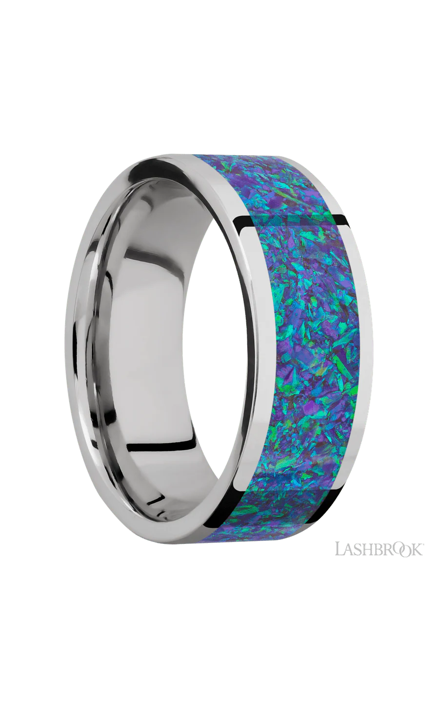 8 mm wide/Flat/Cobalt Chrome band with one 6 mm Centered inlay of Blue Green Opal. - Image 2