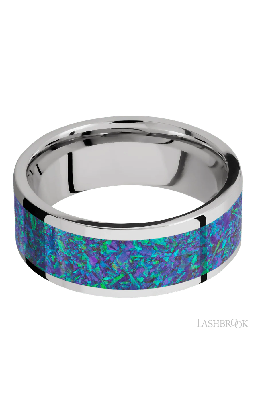 8 mm wide/Flat/Cobalt Chrome band with one 6 mm Centered inlay of Blue Green Opal. - Image 3