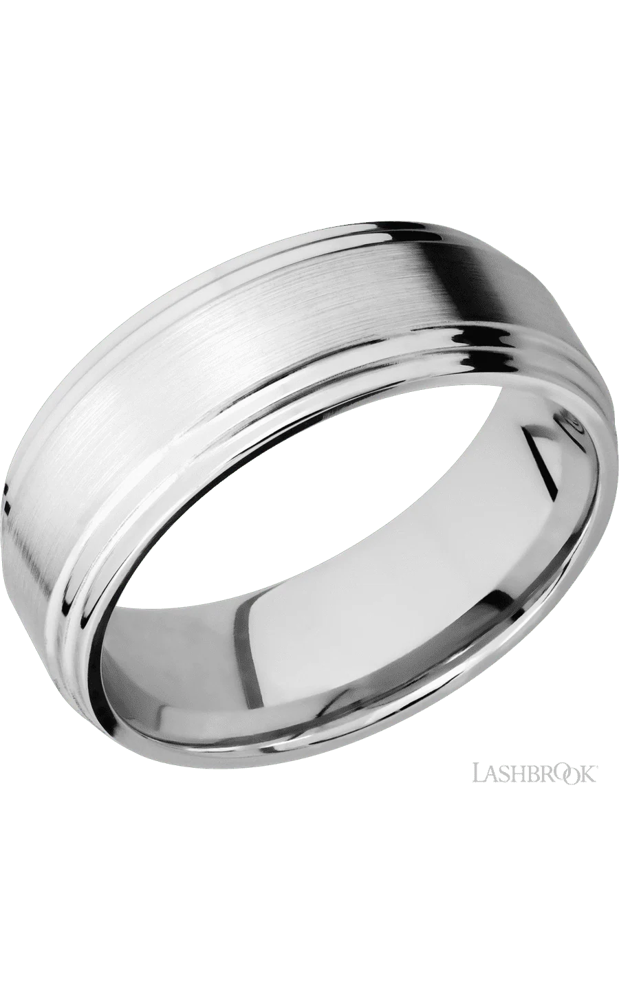 8 mm wide Flat Double Stepped Edges 14K White Gold band.