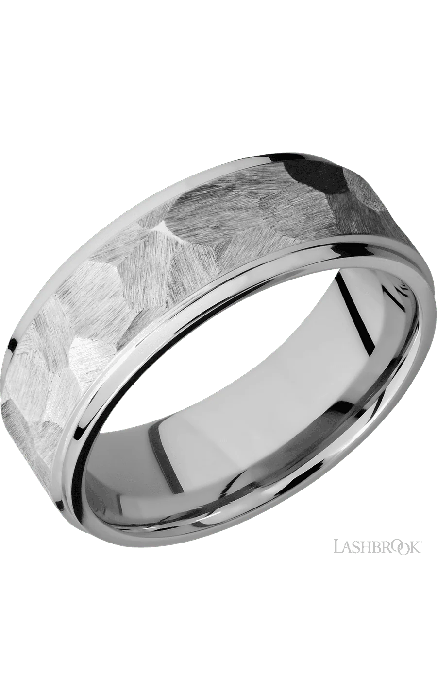 8 mm wide Flat Grooved Edges 14K White Gold band.