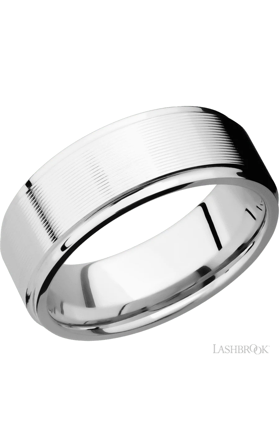 8 mm wide Flat Grooved Edges 14K White Gold band.