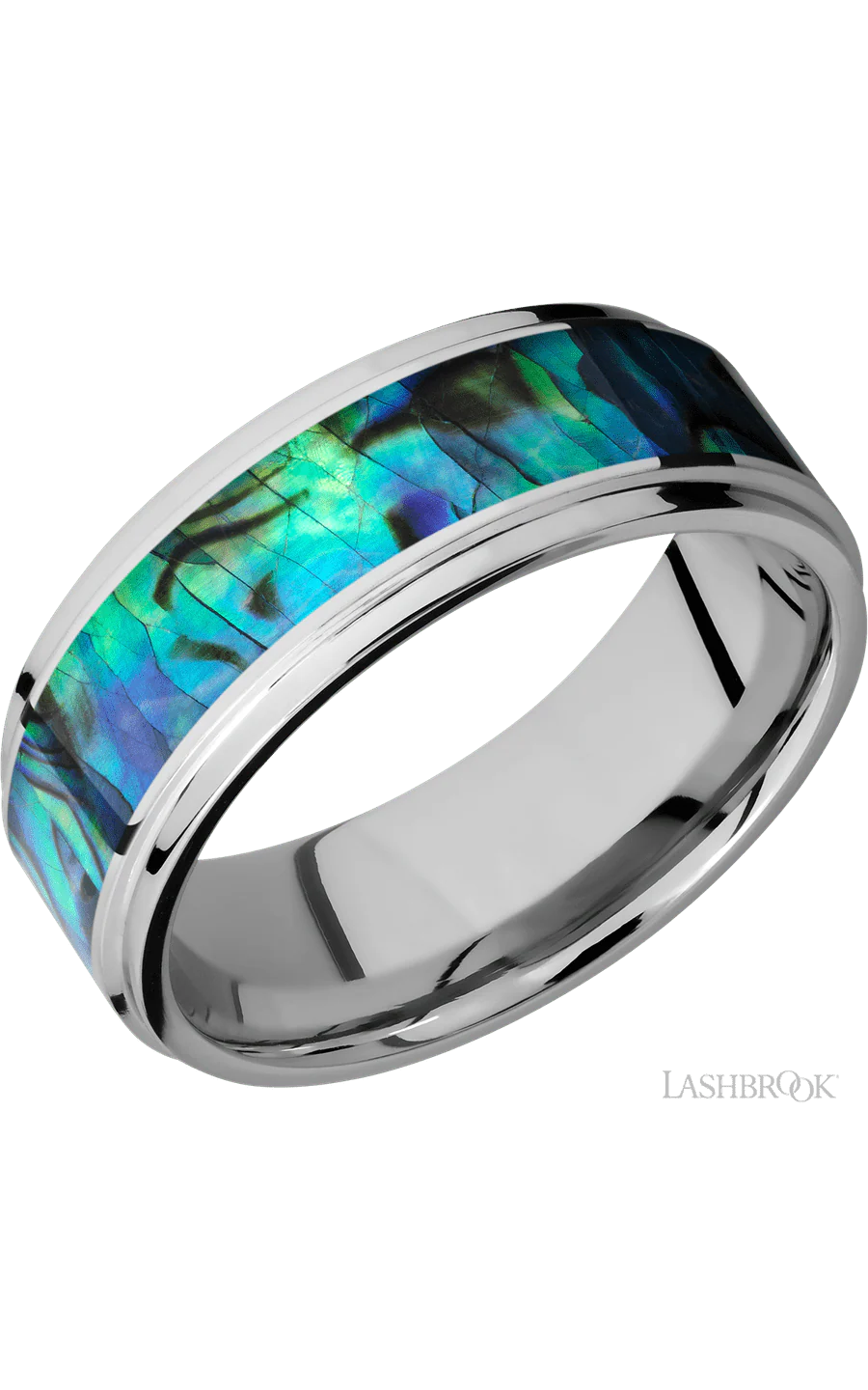 8 mm wide/Flat Grooved Edges/Cobalt Chrome band with one 5 mm Centered inlay of Abalone.