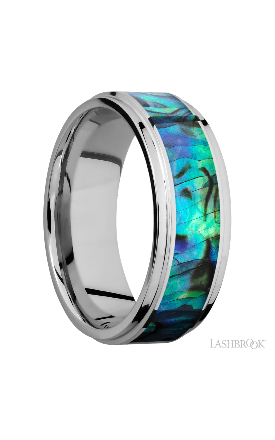 8 mm wide/Flat Grooved Edges/Cobalt Chrome band with one 5 mm Centered inlay of Abalone. - Image 2