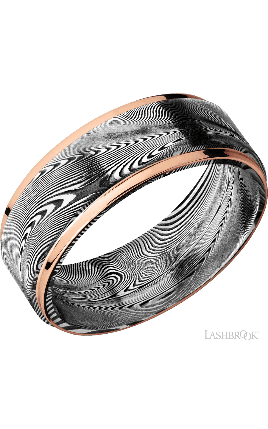 8 mm wide/Flat Grooved Edges/Tightweave band with two 1 mm Edge inlays of 14K Rose Gold.