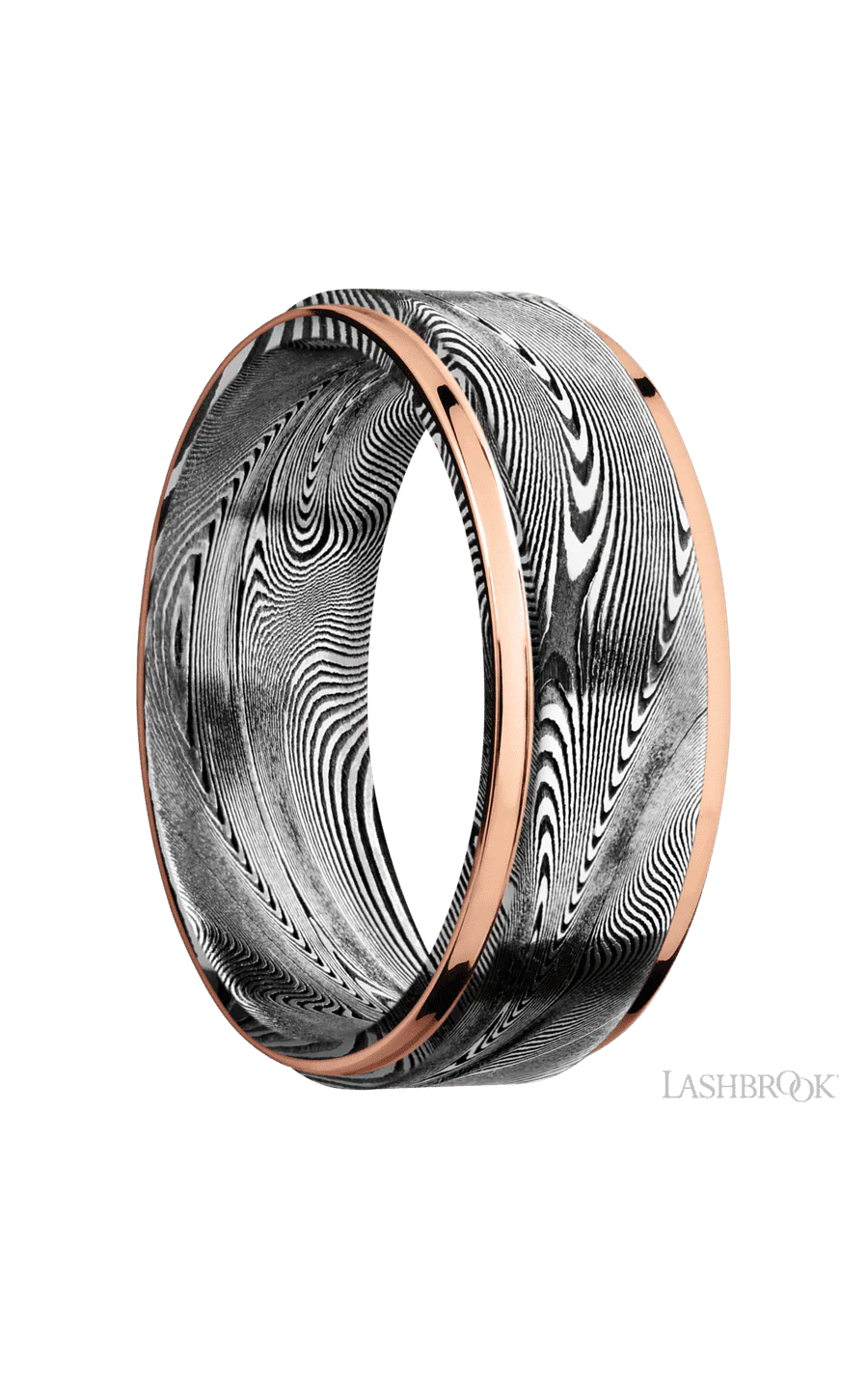 8 mm wide/Flat Grooved Edges/Tightweave band with two 1 mm Edge inlays of 14K Rose Gold. - Image 2