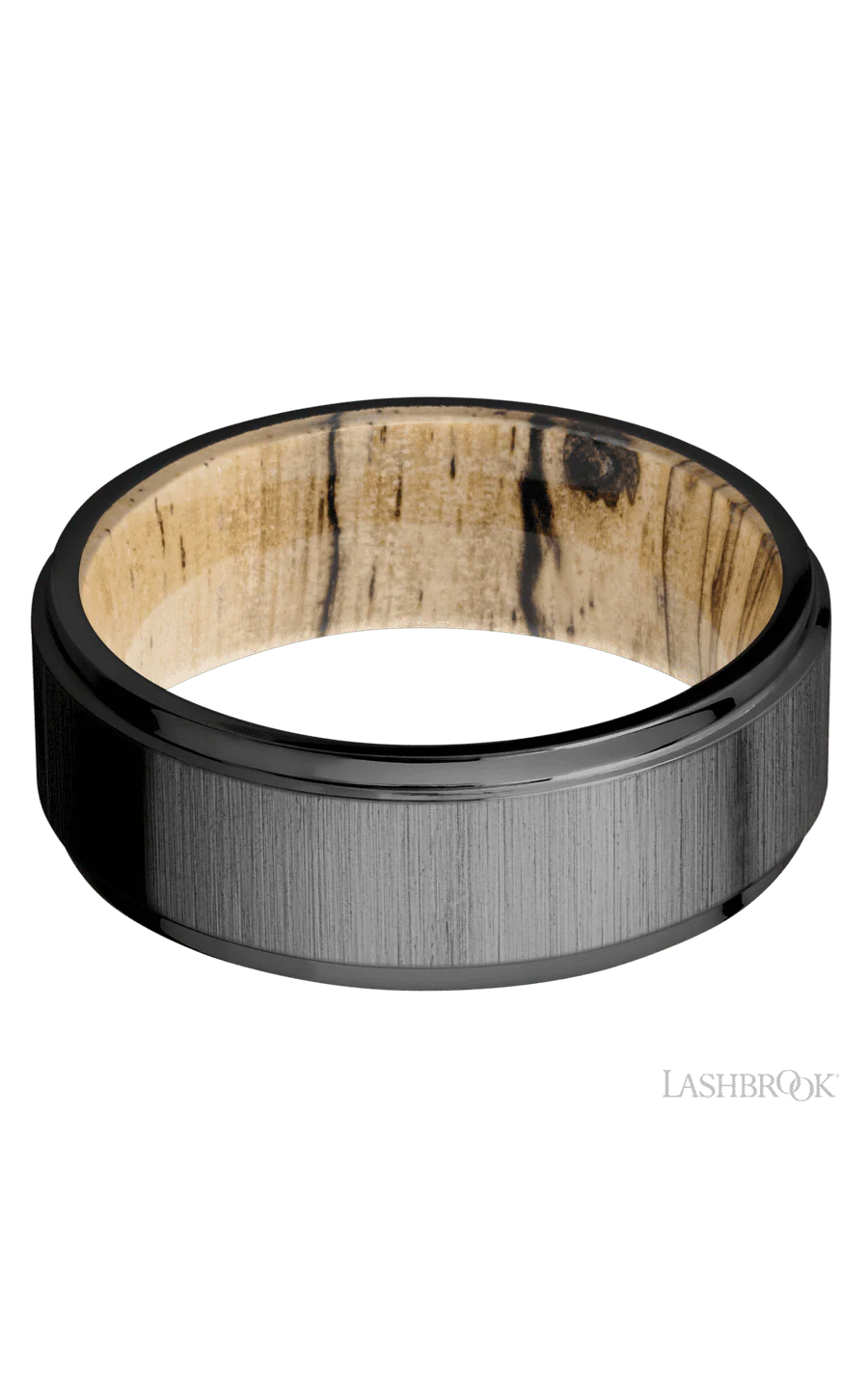 8 mm wide Flat Grooved Edges Zirconium band featuring a Spalted Tamarind sleeve. - Image 3