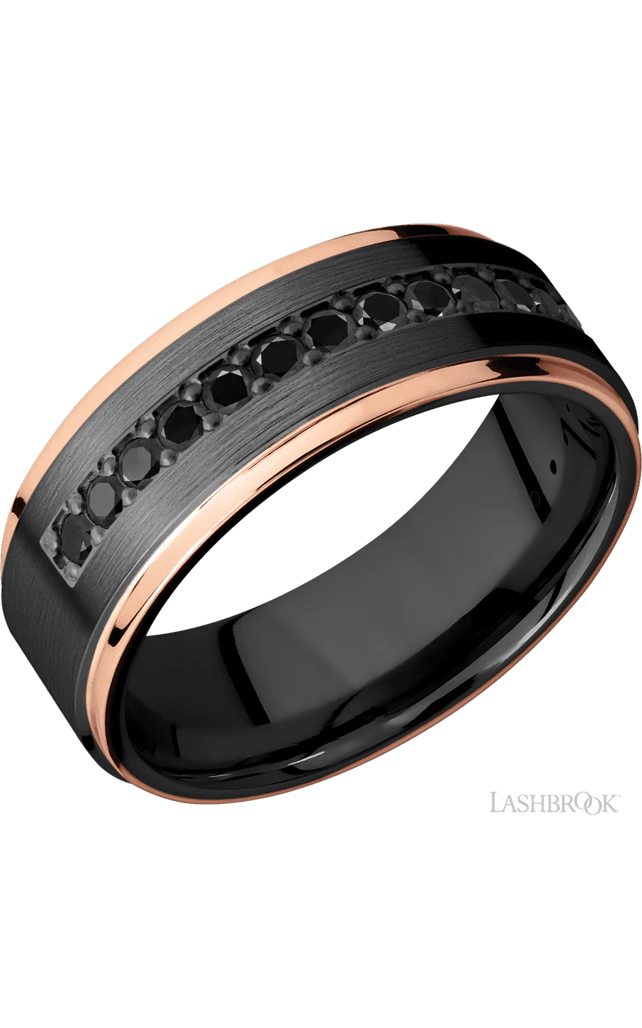 8 mm wide/Flat Grooved Edges/Zirconium band with a Half Eternity arrangement of .03 carat Round Black Diamond stones in a Bead setting and featuring two 1 mm Edge inlays of 14K Rose Gold