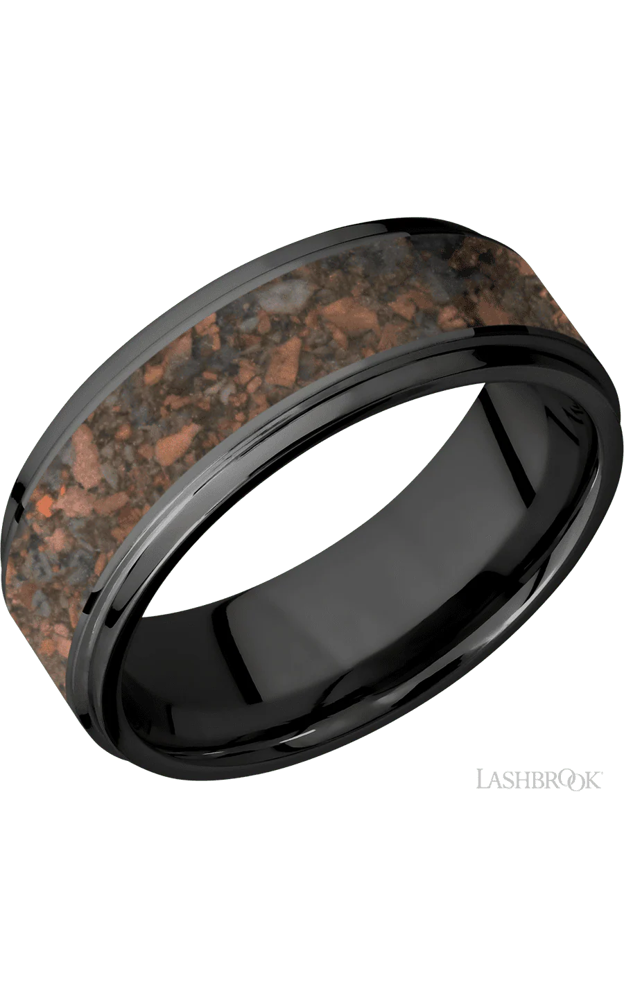 8 mm wide/Flat Grooved Edges/Zirconium band with one 5 mm Centered inlay of Desert Jasper.