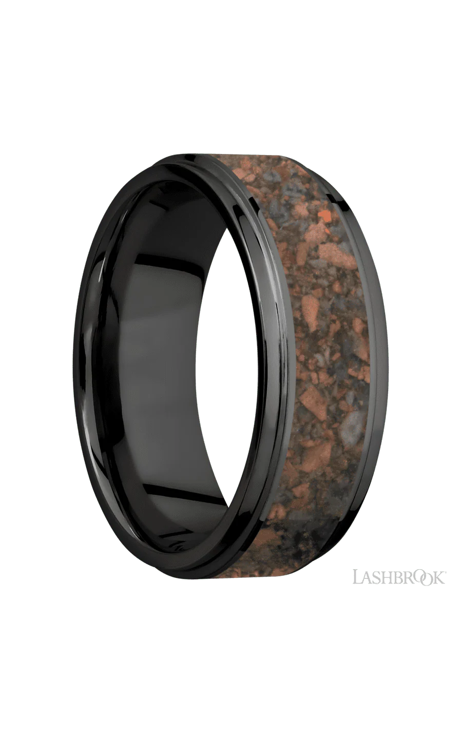 8 mm wide/Flat Grooved Edges/Zirconium band with one 5 mm Centered inlay of Desert Jasper. - Image 2