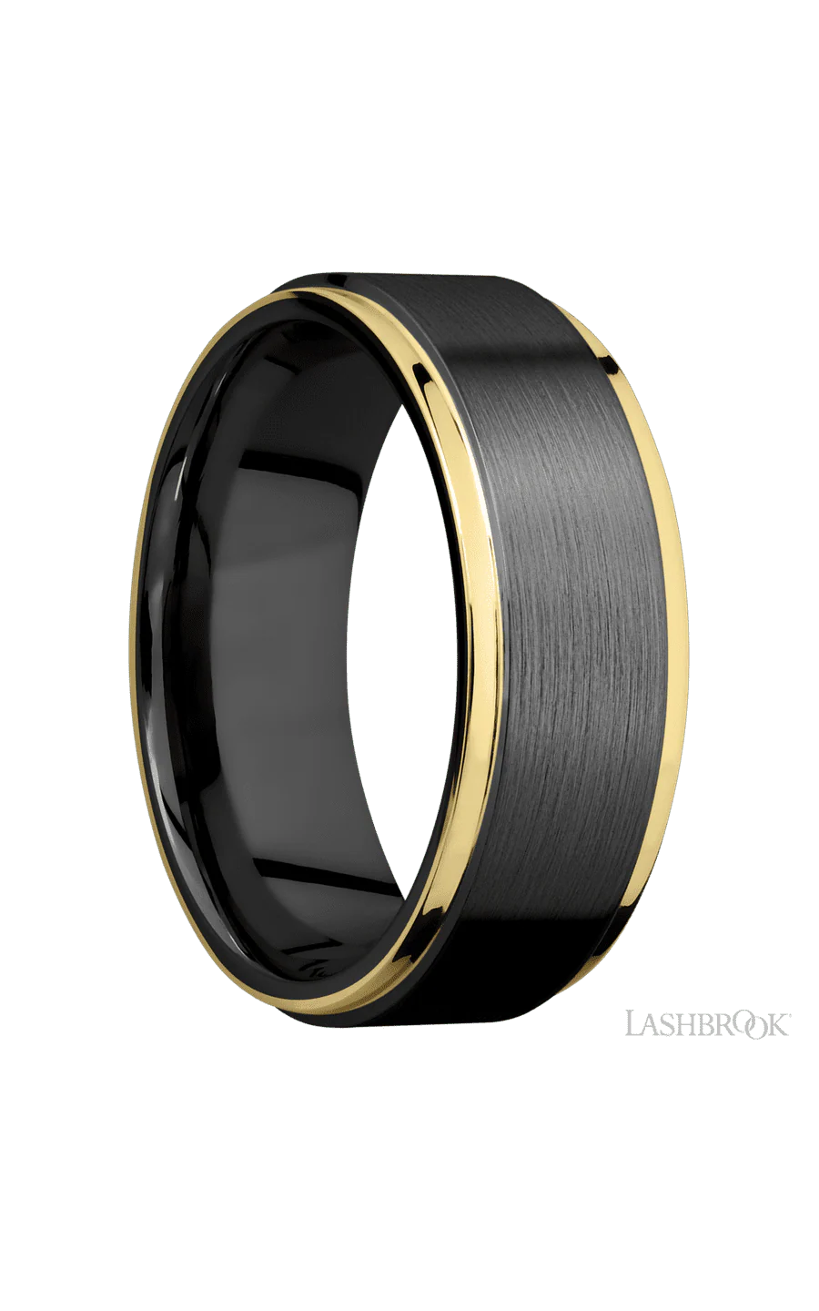 8 mm wide/Flat Grooved Edges/Zirconium band with two 1 mm Edge inlays of 14K Yellow Gold. - Image 2