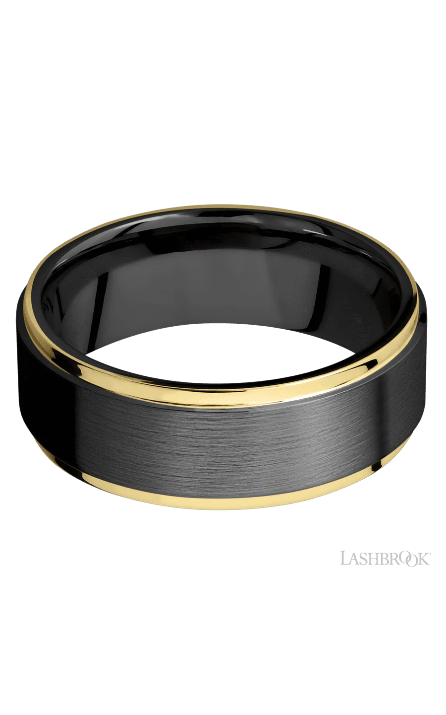 8 mm wide/Flat Grooved Edges/Zirconium band with two 1 mm Edge inlays of 14K Yellow Gold. - Image 3