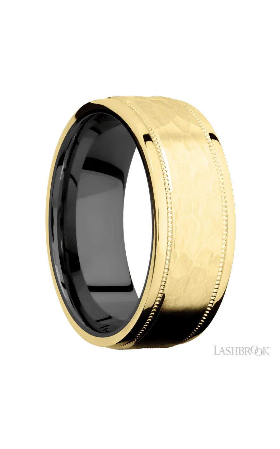 8 mm wide Flat Stepped Edges Milgrain 14K Yellow Gold band featuring a Zirconium sleeve. - Image 2
