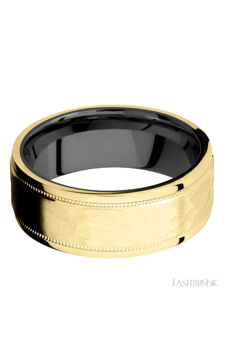 8 mm wide Flat Stepped Edges Milgrain 14K Yellow Gold band featuring a Zirconium sleeve. - Image 3