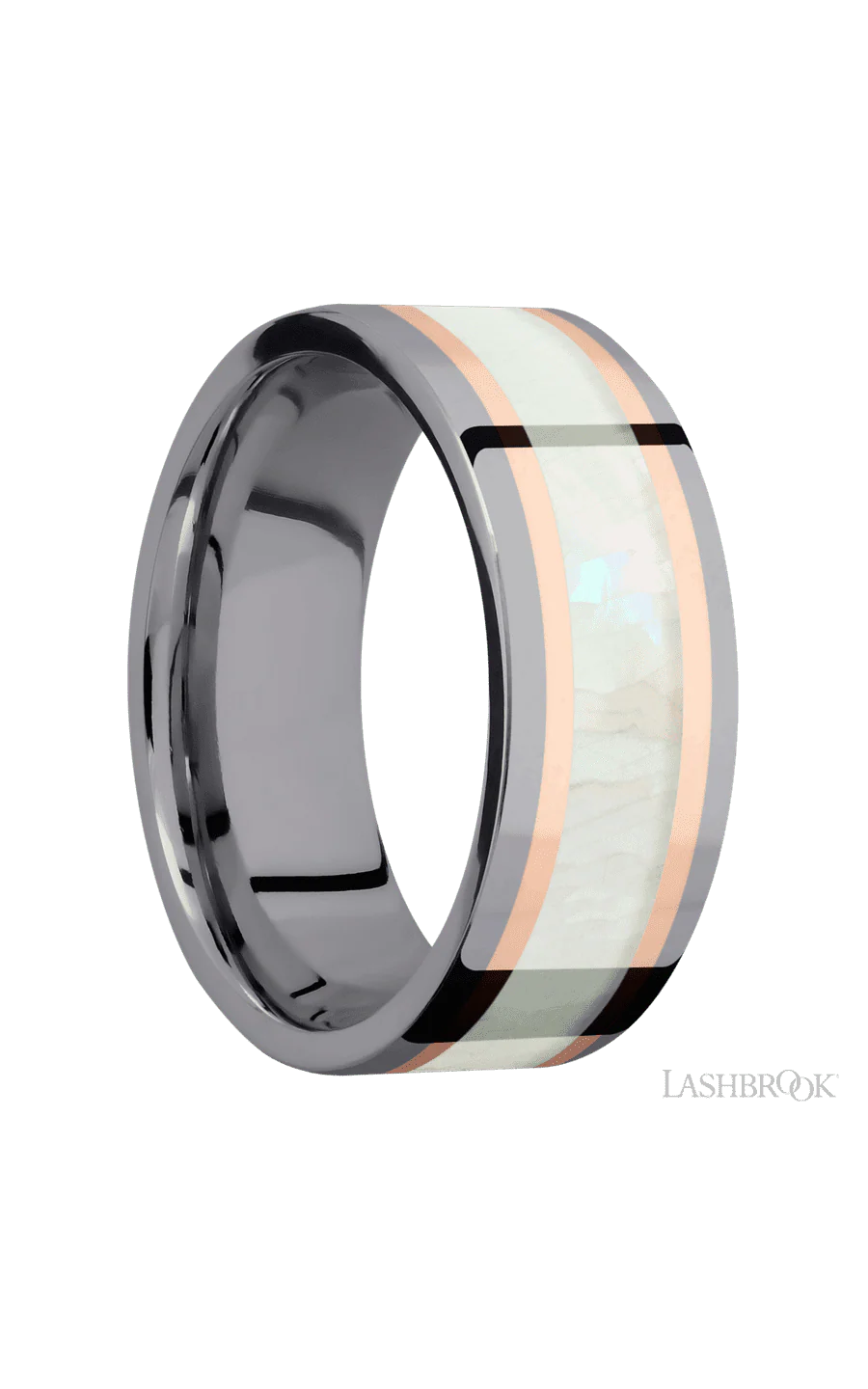 8 mm wide/Flat/Tantalum band featuring inlays of 14K Rose Gold and Freshwater Mother of Pearl. - Image 2