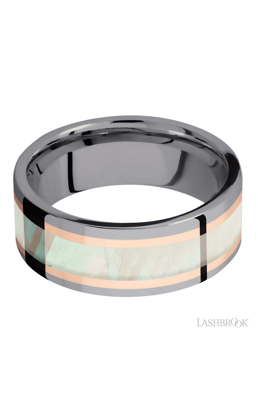 8 mm wide/Flat/Tantalum band featuring inlays of 14K Rose Gold and Freshwater Mother of Pearl. - Image 3