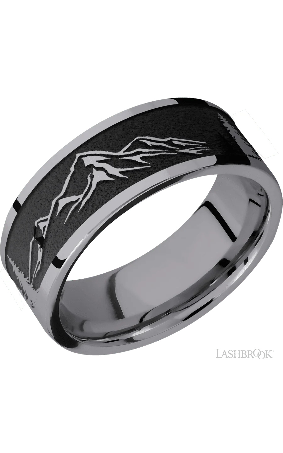 8 mm wide/Flat/Tantalum band with a laser carved Mountain 2 pattern.