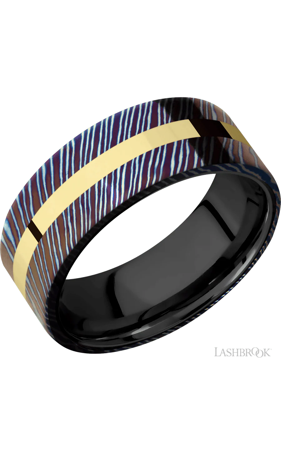 8 mm wide/Flat/Titanium Damascus band with one 2 mm Centered inlay of 14K Yellow Gold also featuring a Zirconium sleeve.