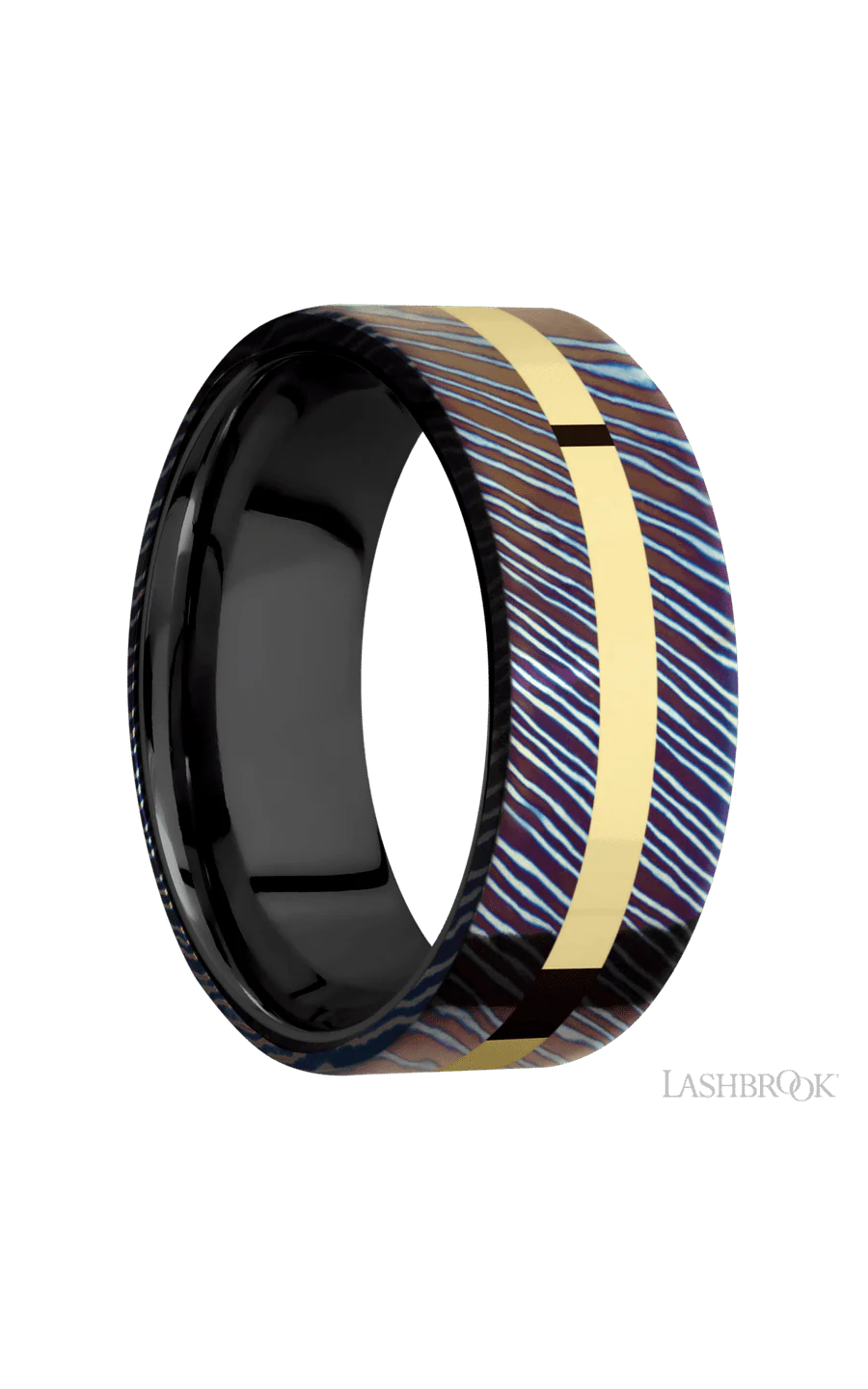 8 mm wide/Flat/Titanium Damascus band with one 2 mm Centered inlay of 14K Yellow Gold also featuring a Zirconium sleeve. - Image 2