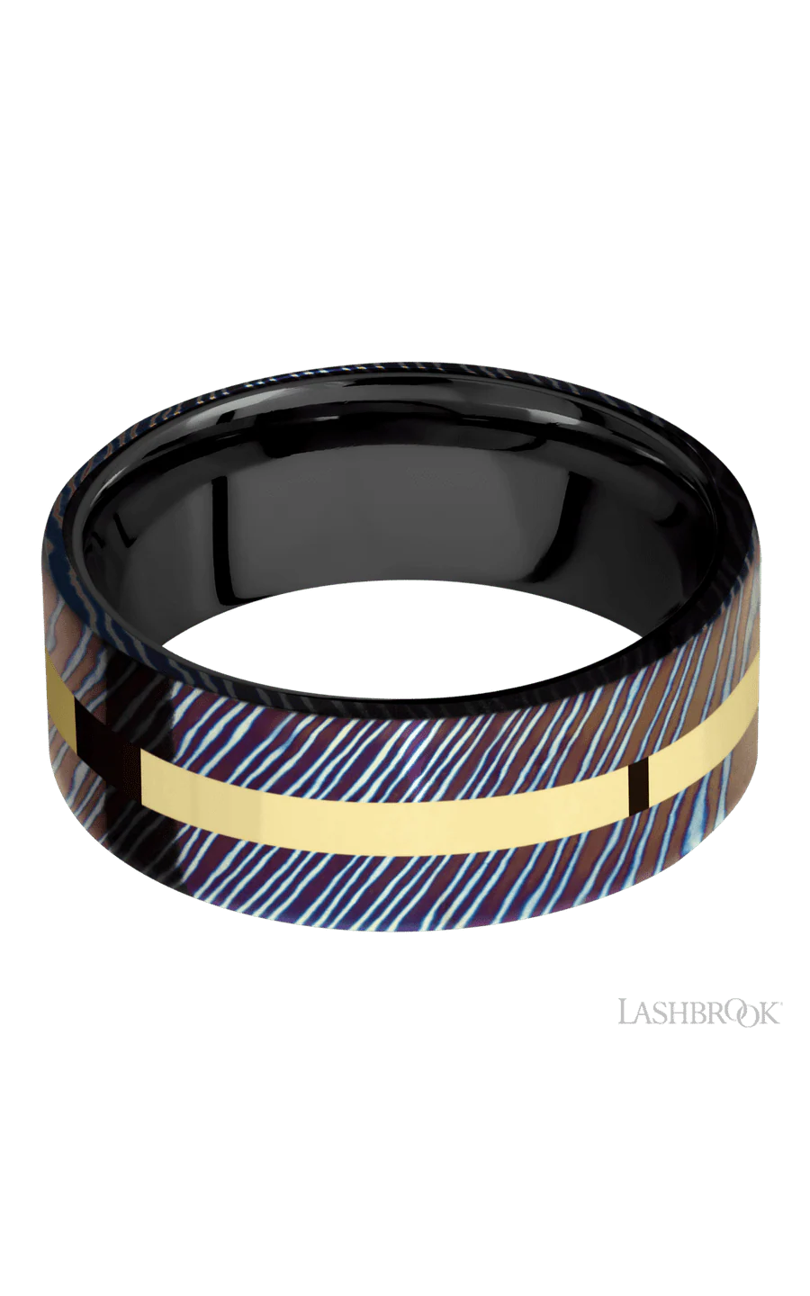 8 mm wide/Flat/Titanium Damascus band with one 2 mm Centered inlay of 14K Yellow Gold also featuring a Zirconium sleeve. - Image 3