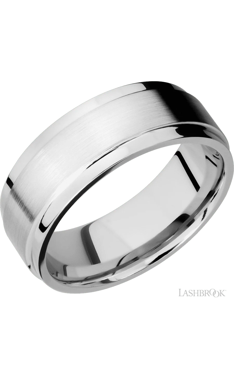 8 mm wide Flat Wide Grooved Edges 14K White Gold band.