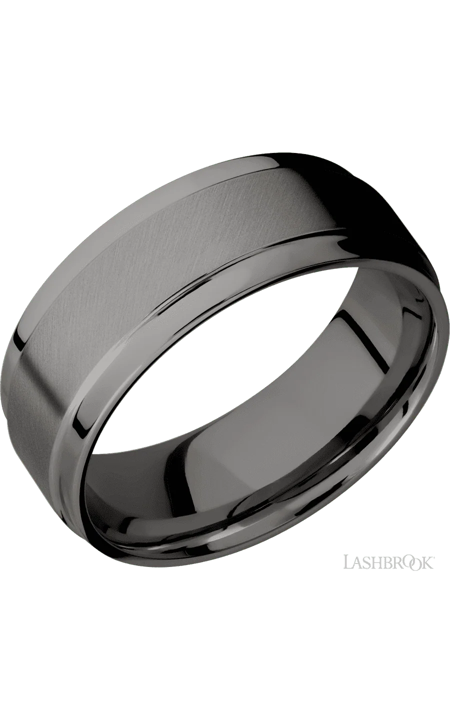 8 mm wide Flat Wide Grooved Edges Tantalum Noir band.