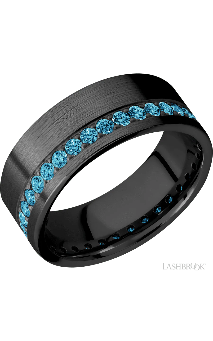 8 mm wide/Flat/Zirconium band with a Off Center Eternity arrangement of .03 carat Round Lab Blue Diamond stones in a Bead setting.