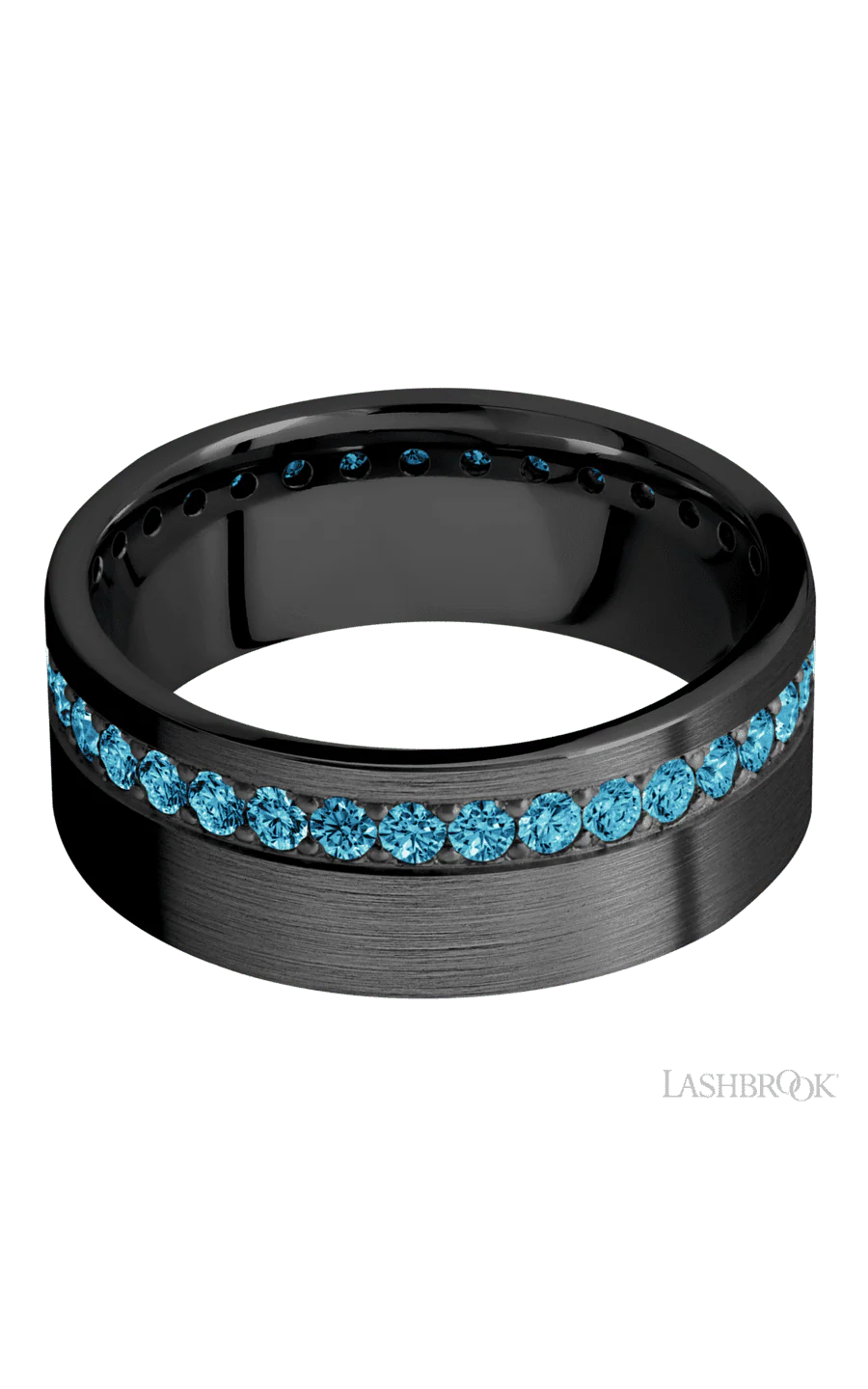 8 mm wide/Flat/Zirconium band with a Off Center Eternity arrangement of .03 carat Round Lab Blue Diamond stones in a Bead setting. - Image 3