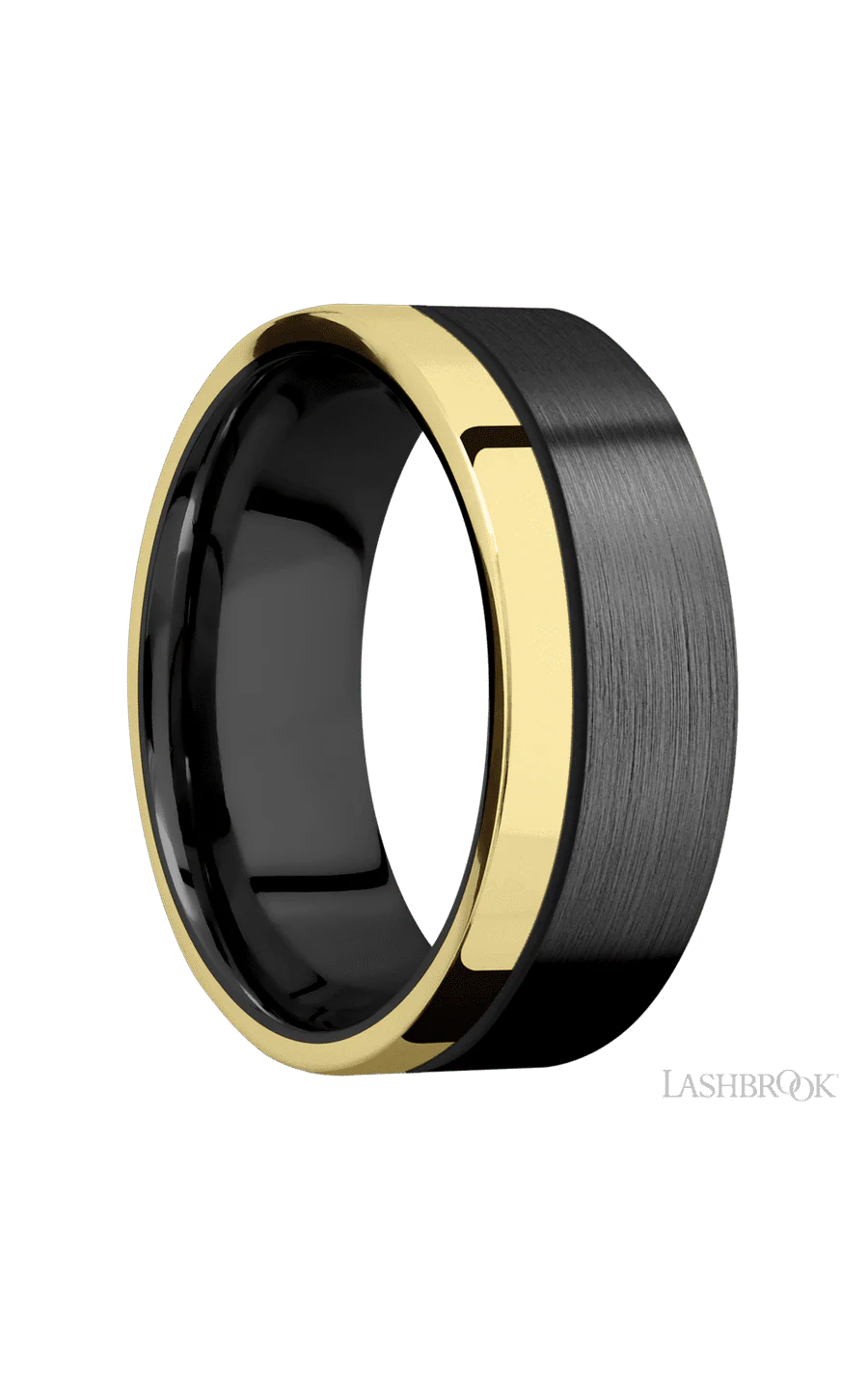 8 mm wide/Flat/Zirconium band with one 2 mm Off Center Edge inlay of 14K Yellow Gold. - Image 2