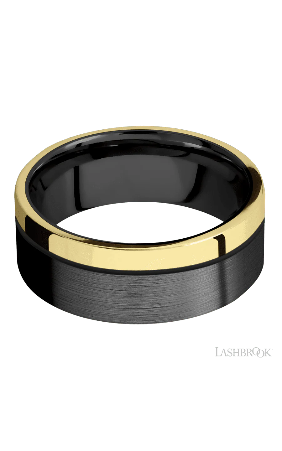 8 mm wide/Flat/Zirconium band with one 2 mm Off Center Edge inlay of 14K Yellow Gold. - Image 3