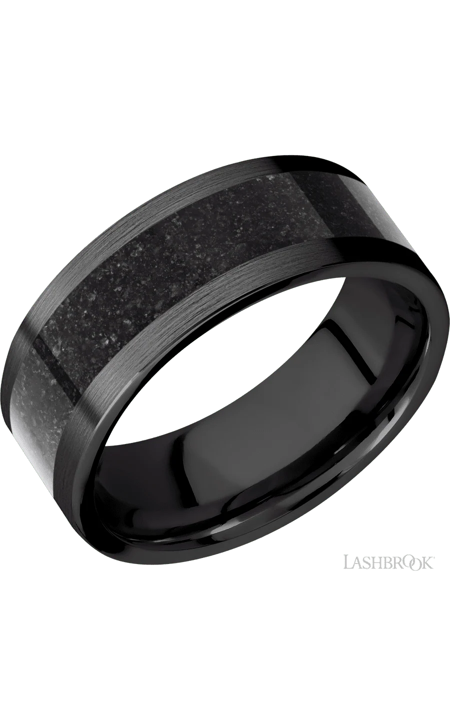 8 mm wide/Flat/Zirconium band with one 5 mm Centered inlay of Dinosaur Bone Black.