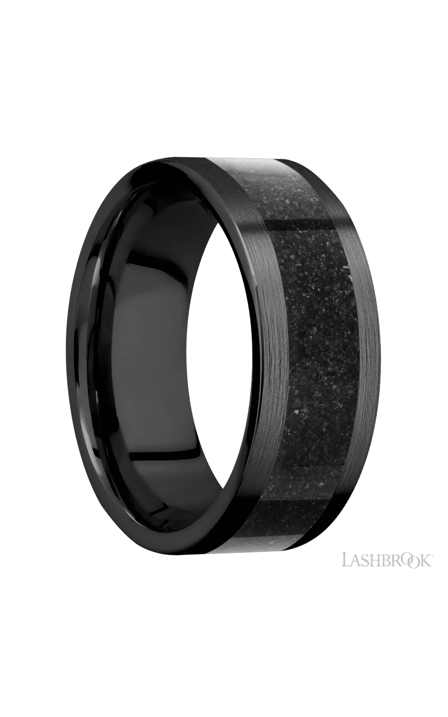 8 mm wide/Flat/Zirconium band with one 5 mm Centered inlay of Dinosaur Bone Black. - Image 2
