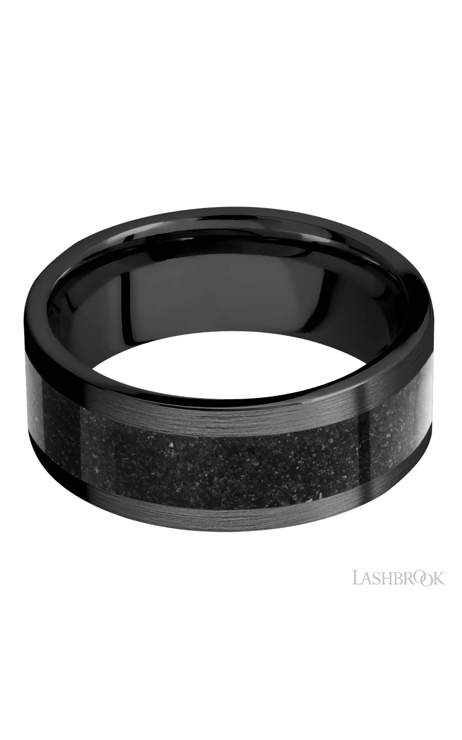 8 mm wide/Flat/Zirconium band with one 5 mm Centered inlay of Dinosaur Bone Black. - Image 3