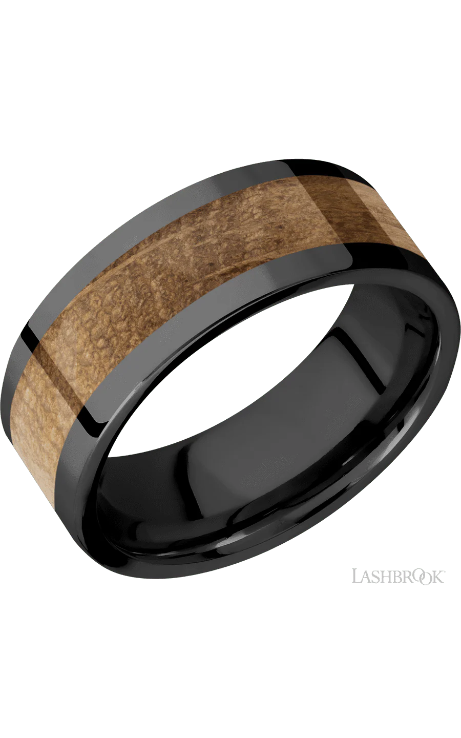 8 mm wide/Flat/Zirconium band with one 5 mm Centered inlay of Whiskey Barrel.