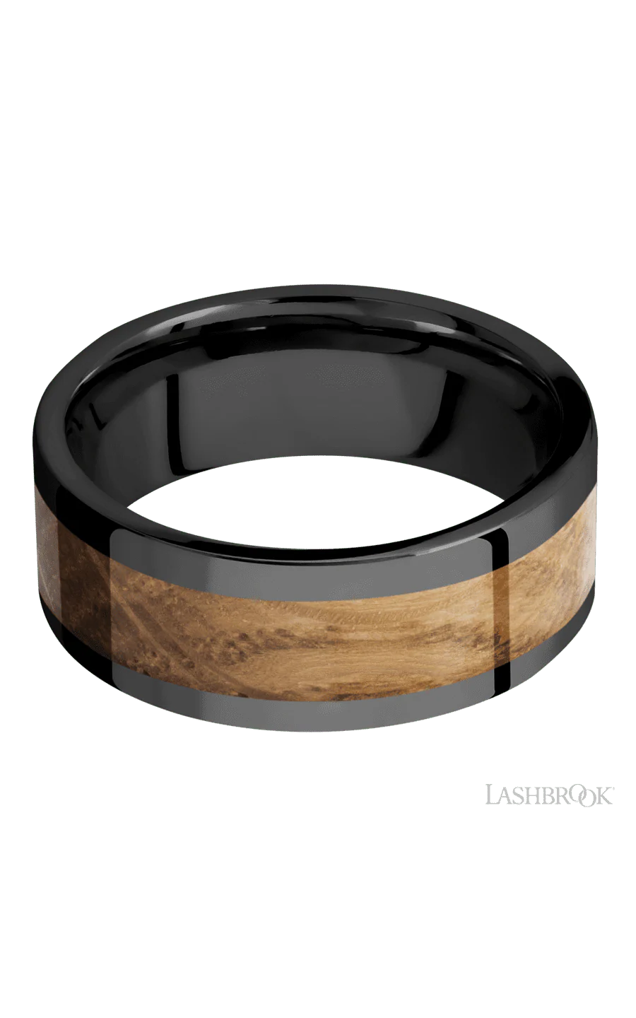 8 mm wide/Flat/Zirconium band with one 5 mm Centered inlay of Whiskey Barrel. - Image 3