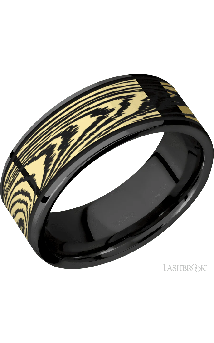 8 mm wide/Flat/Zirconium band with one 6 mm Centered inlay of 14K Yellow Gold with a laser carved Woodgrain pattern.