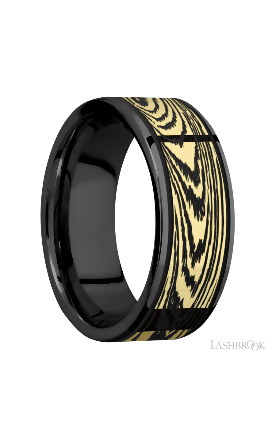 8 mm wide/Flat/Zirconium band with one 6 mm Centered inlay of 14K Yellow Gold with a laser carved Woodgrain pattern. - Image 2