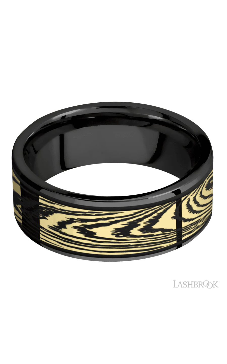 8 mm wide/Flat/Zirconium band with one 6 mm Centered inlay of 14K Yellow Gold with a laser carved Woodgrain pattern. - Image 3