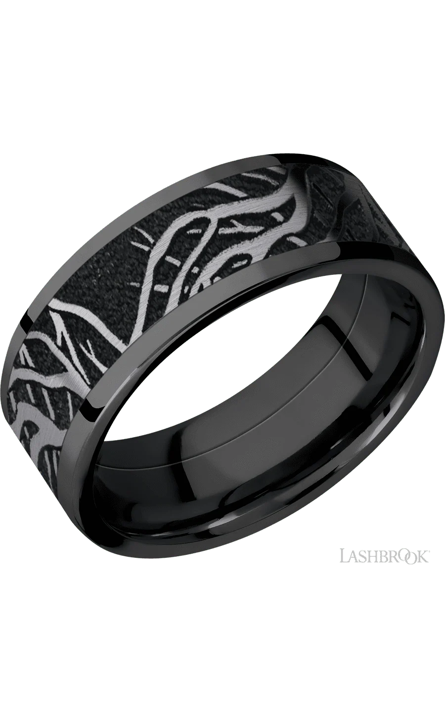8 mm wide/Flat/Zirconium band with one 6 mm Centered inlay of Tantalum with a laser carved Branches pattern.