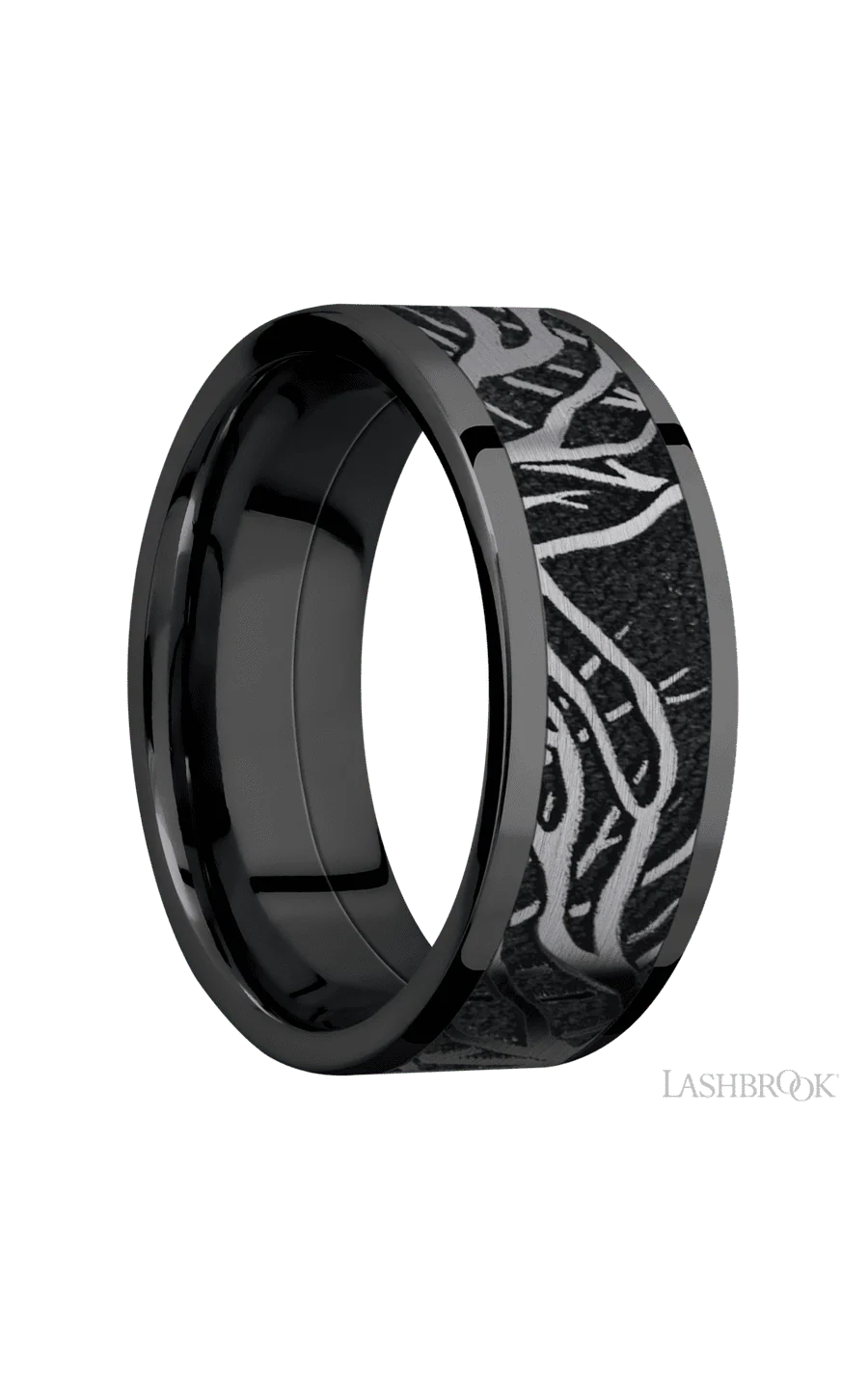 8 mm wide/Flat/Zirconium band with one 6 mm Centered inlay of Tantalum with a laser carved Branches pattern. - Image 2