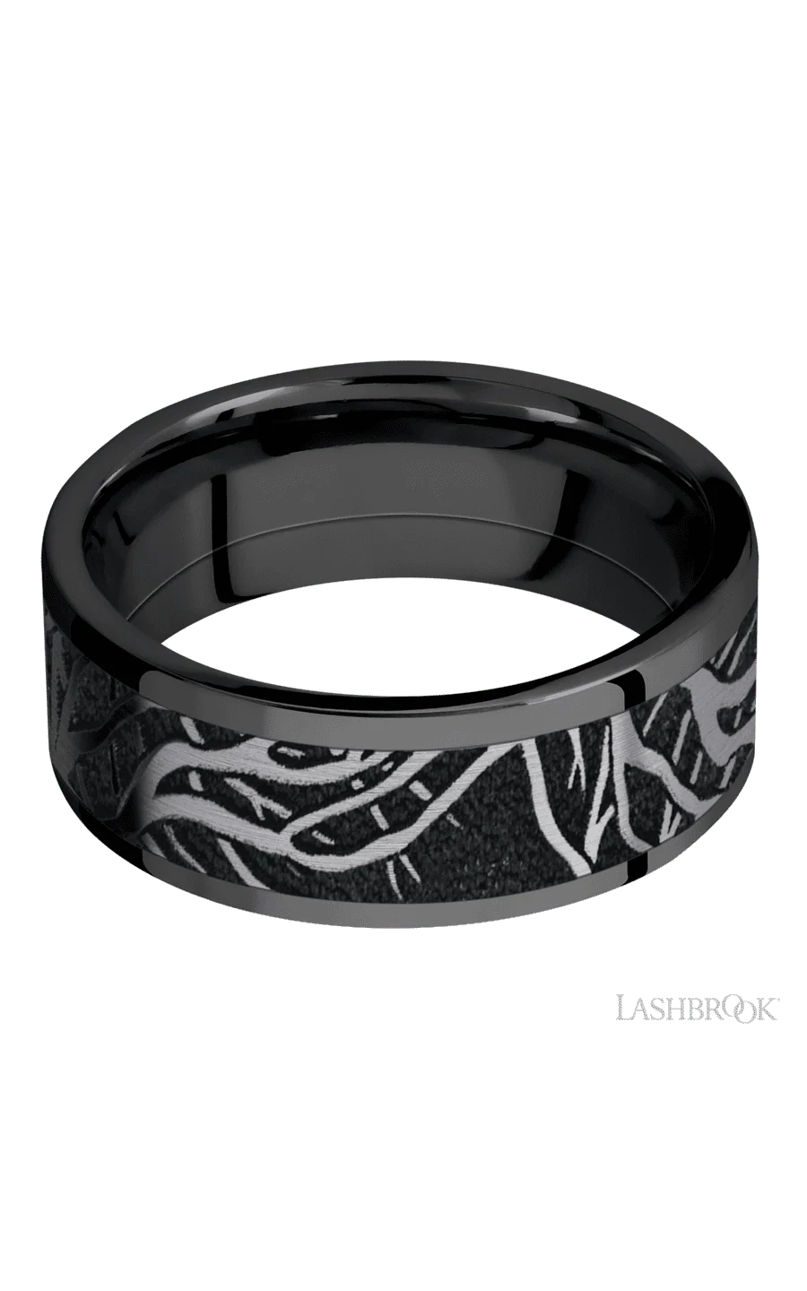 8 mm wide/Flat/Zirconium band with one 6 mm Centered inlay of Tantalum with a laser carved Branches pattern. - Image 3
