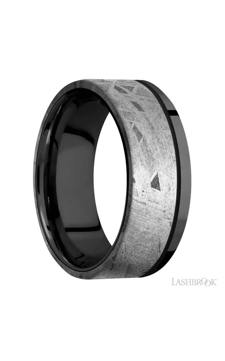 8 mm wide/Flat/Zirconium band with one 6 mm Off Center Edge inlay of Meteorite. - Image 2
