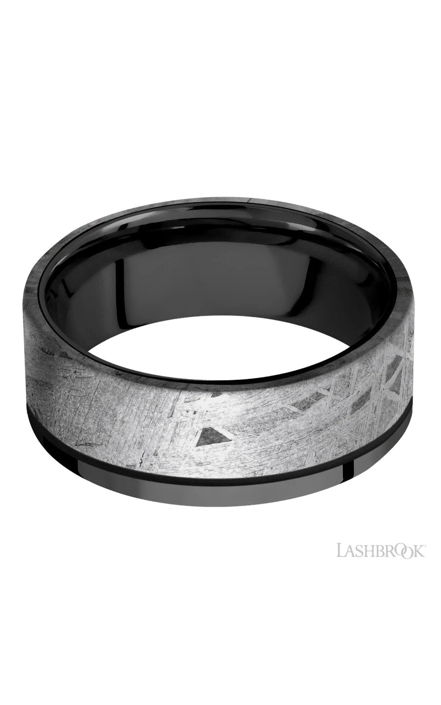 8 mm wide/Flat/Zirconium band with one 6 mm Off Center Edge inlay of Meteorite. - Image 3